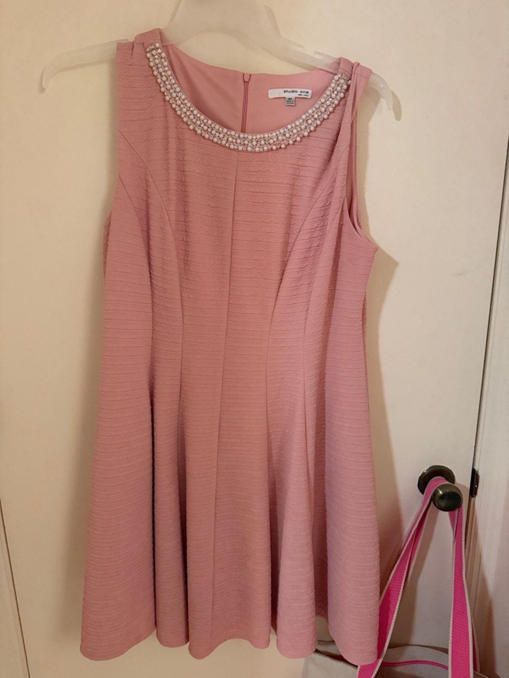 Studio One Blush Pink Sleeveless A-Line Dress with Pearl Collar